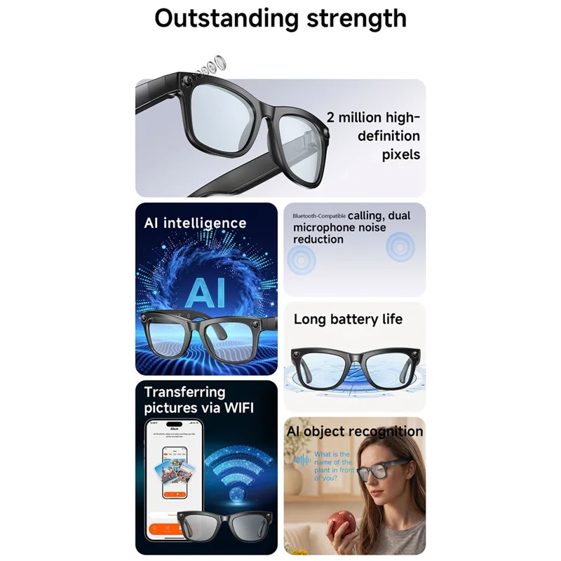 GM6 Bluetooth-compatible Music Smart Glasses with 2MP Camera Video Recording AI Translation - Sunglasses