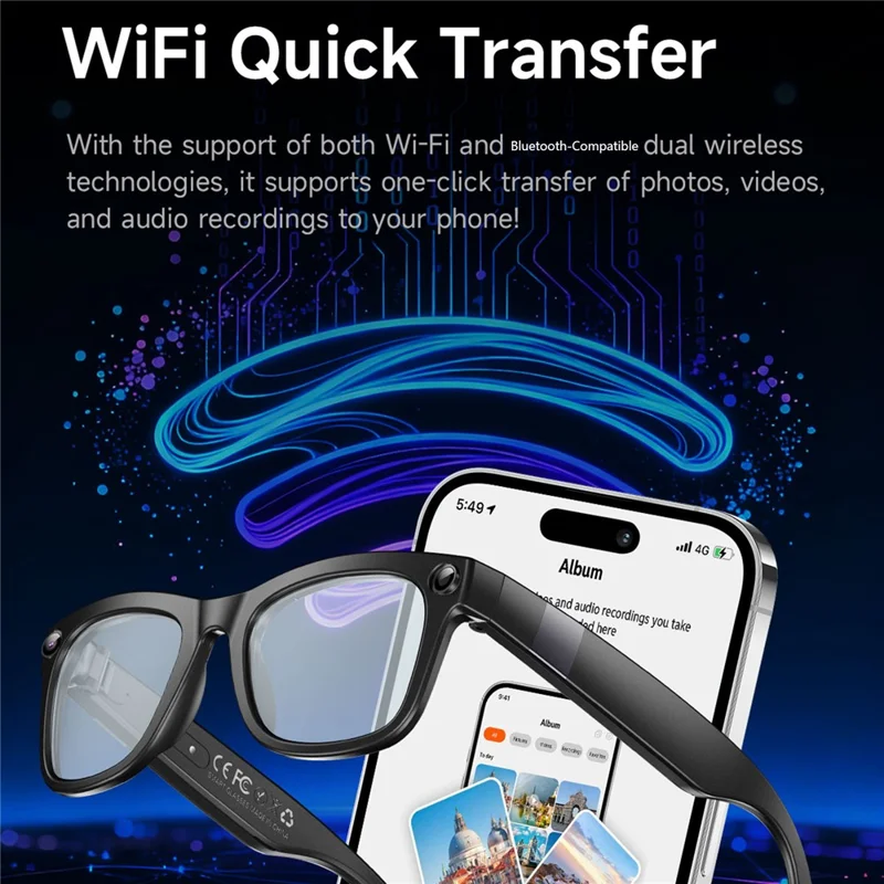 GM6 Bluetooth-compatible Music Smart Glasses with 2MP Camera Video Recording AI Translation - Sunglasses