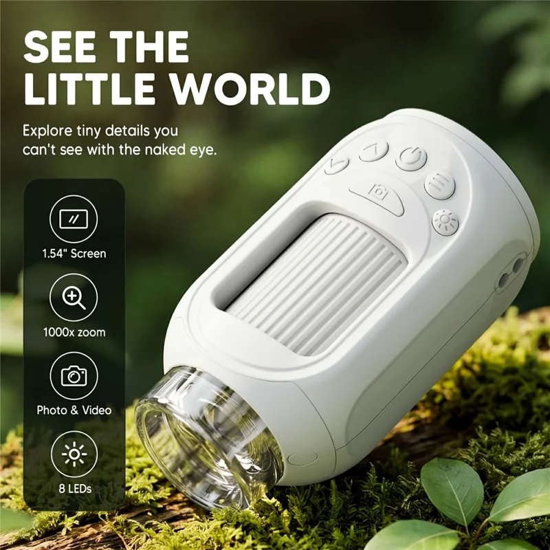 388 Tragbares Kinder-Digitalmikroskop 1,54 Zoll 1000X Zoom 8 LED Wiederaufladbares Mikroskop für die Natur - Weiß