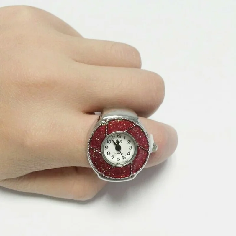KS J-015 Retro Petal Design Mini Digital Pointer Ring Quartz Watch with Stretch Band for Men Women - Red