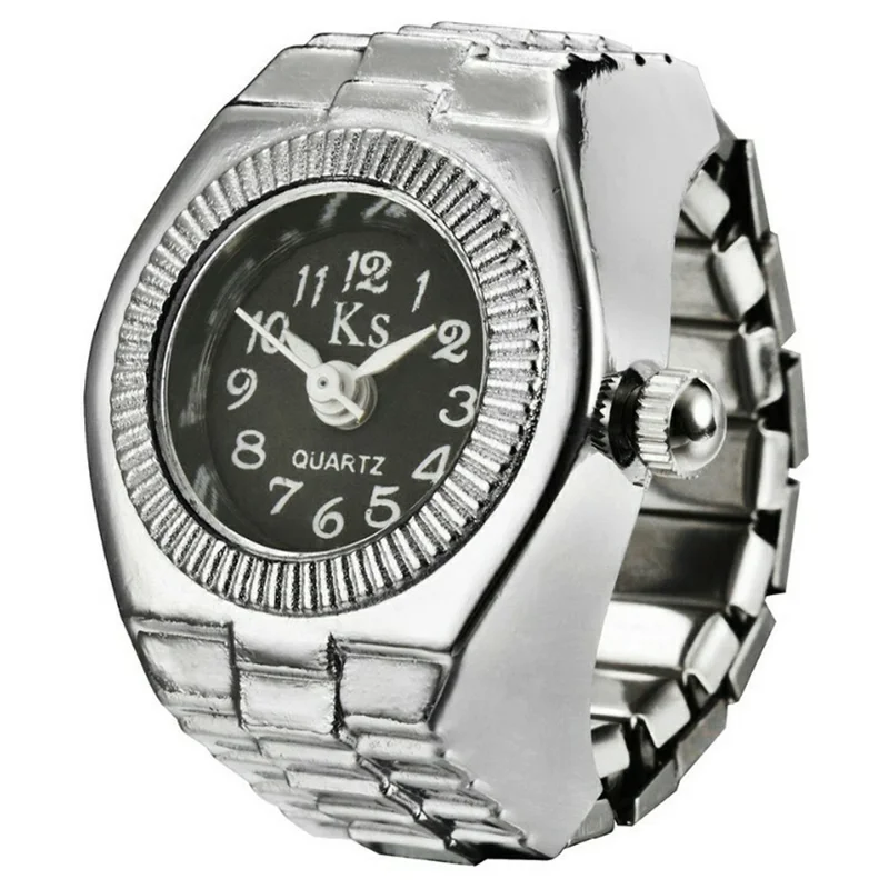 BOZHI J-008 Mini Retro Digital Pointer Ring Quartz Watch Stretch Band for 5cm-6.5cm Finger - Black