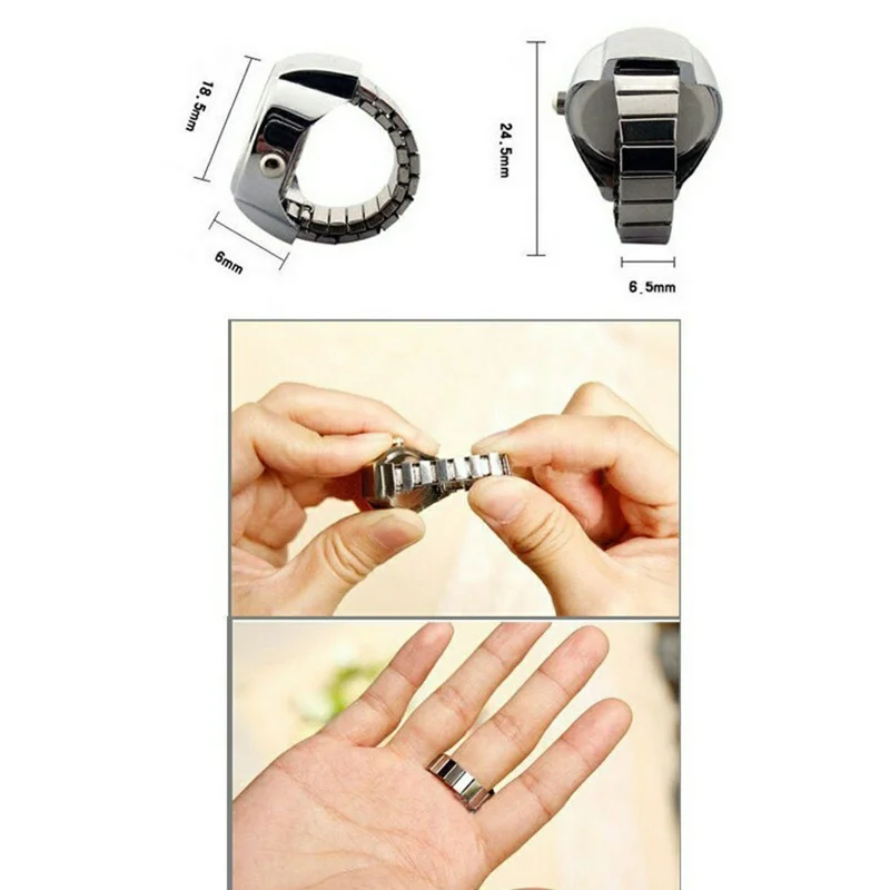 BOZHI J-008 Mini Retro Digital Pointer Ring Quartz Watch Stretch Band for 5cm-6.5cm Finger - Black