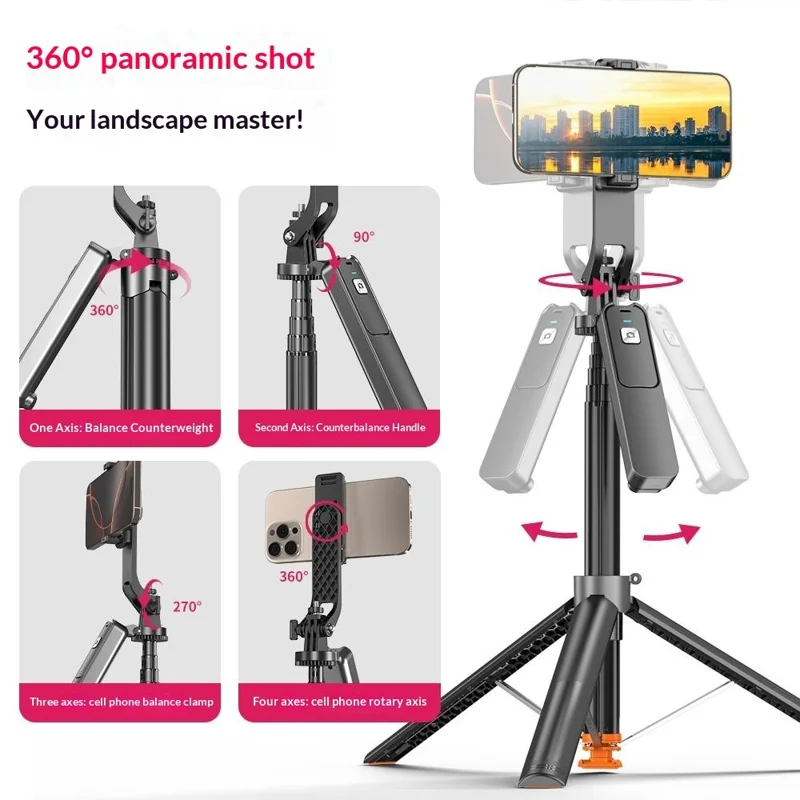 T03 1.96m Selfie Stick with 2Pcs Square Fill Light Auto-Open Tripod 360 Degree Panoramic Head Bluetooth-compatible Remote for Travel