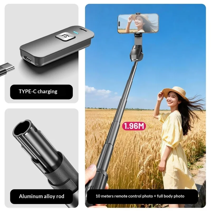T03 1.96m Selfie Stick with 2Pcs Square Fill Light Auto-Open Tripod 360 Degree Panoramic Head Bluetooth-compatible Remote for Travel