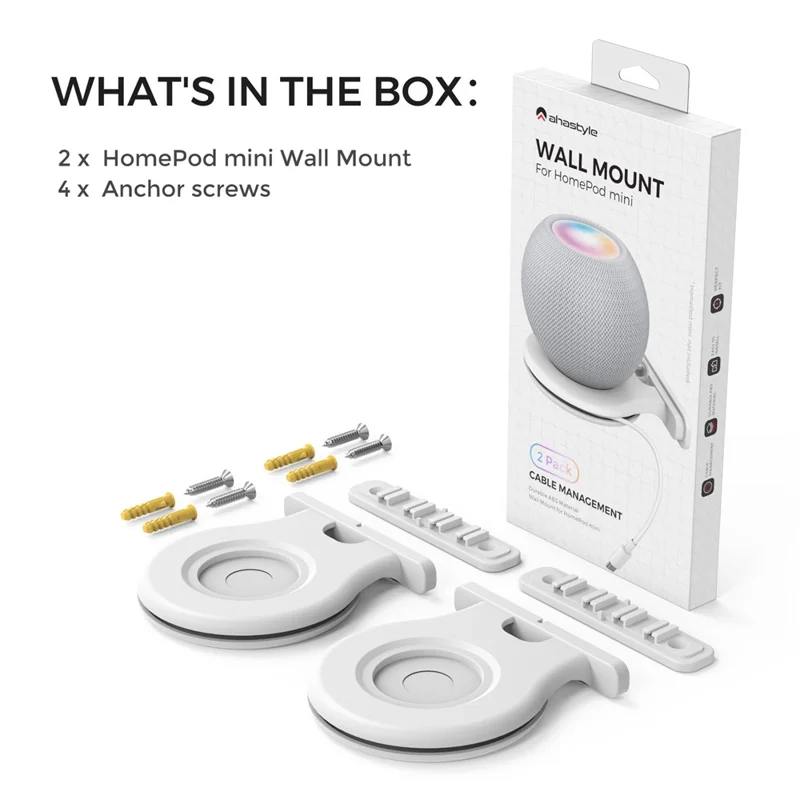 AHASTYLE 2 Pack Wall Mount Holder for HomePod mini Speaker Mount Stand with Cable Management  - White