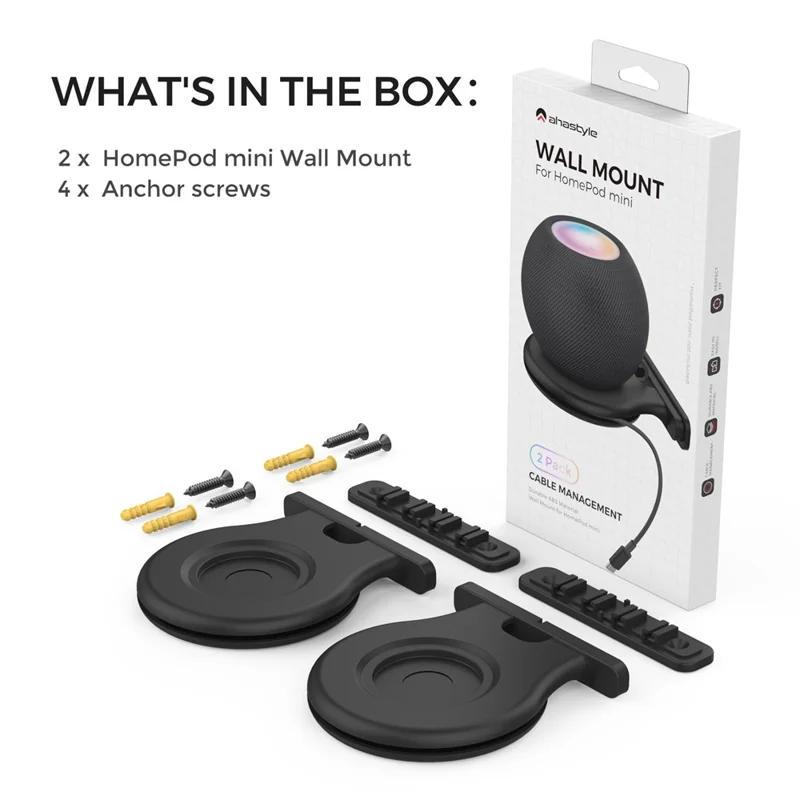 AHASTYLE 2 Pack Wall Mount Holder for HomePod mini Speaker Mount Stand with Cable Management  - Black