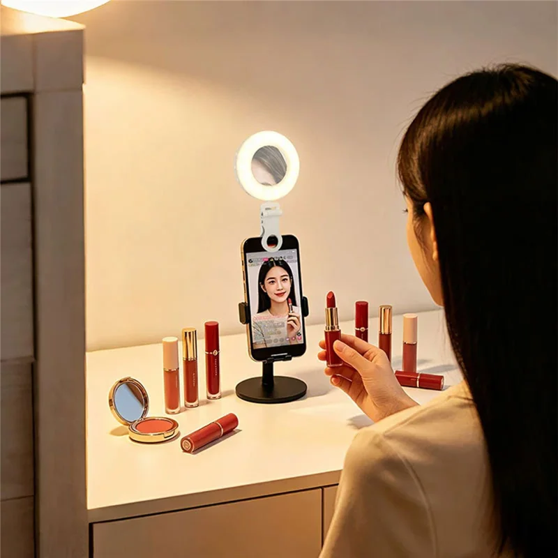 S-3 LED Ring Fill Light with Makeup Mirror Phone Clip Selfie Vlogging Beauty Lighting for Photography Streaming - White