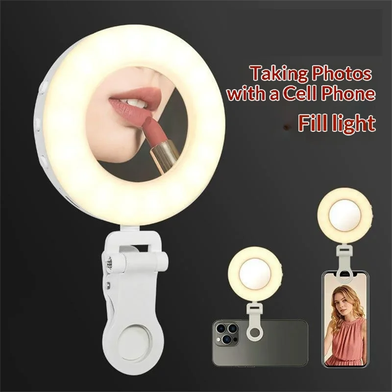 S-3 LED Ring Fill Light with Makeup Mirror Phone Clip Selfie Vlogging Beauty Lighting for Photography Streaming - White