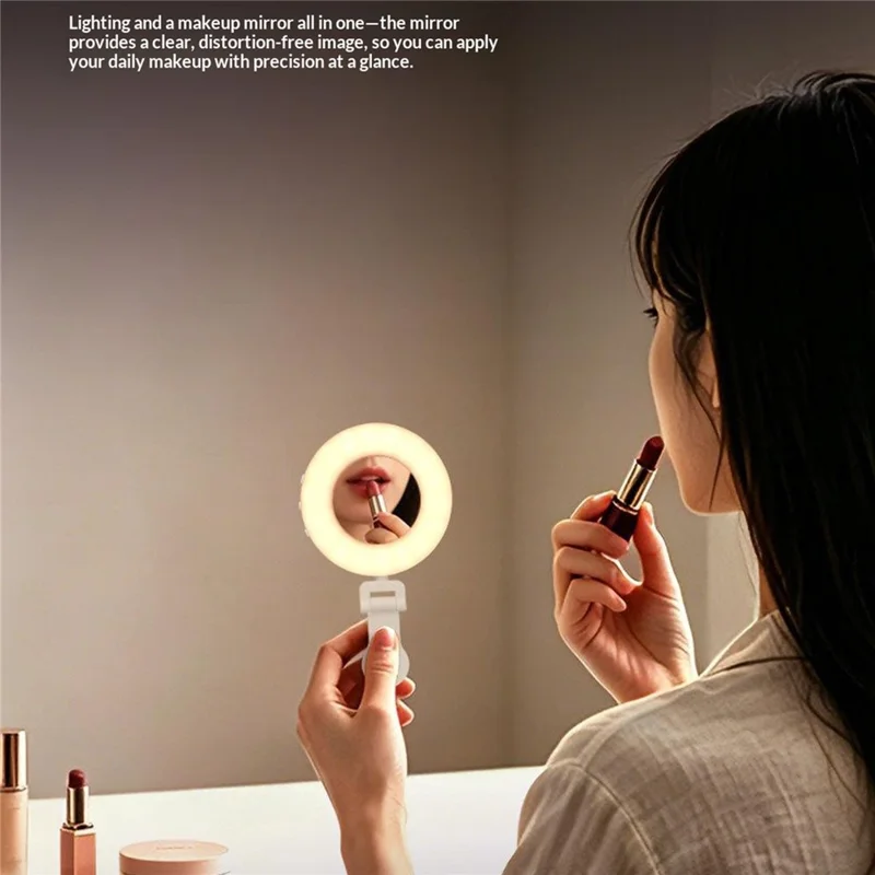 S-3 LED Ring Fill Light with Makeup Mirror Phone Clip Selfie Vlogging Beauty Lighting for Photography Streaming - White