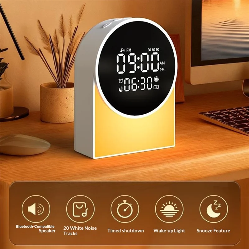 SM12 Multi-function Bluetooth-compatible Sleep Sound Machine Alarm Clock FM Radio LED Night Light with 20 White Noise Tracks - White