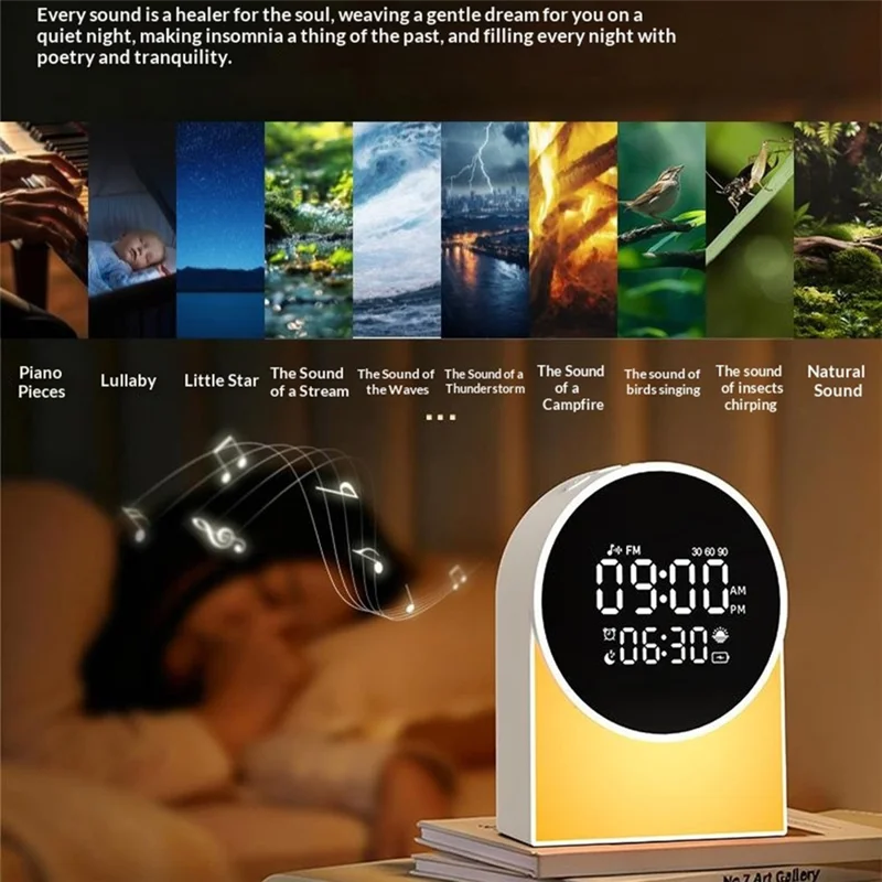 SM12 Multi-function Bluetooth-compatible Sleep Sound Machine Alarm Clock FM Radio LED Night Light with 20 White Noise Tracks - White