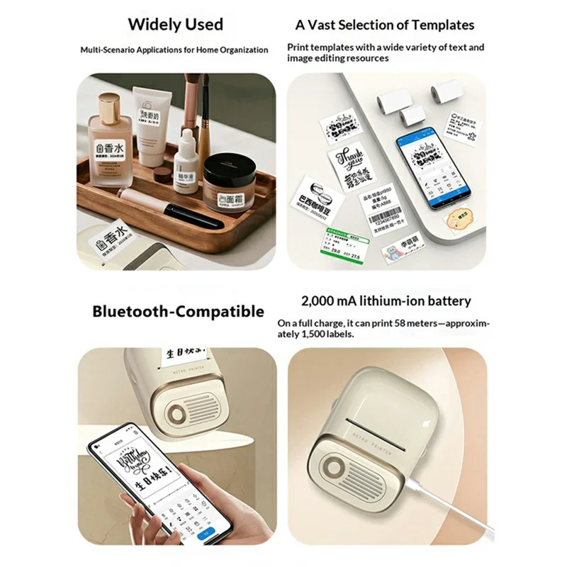 WP9530 Retro Bluetooth-compatible Thermal Label Printer 2000mAh Battery 203dpi HD Printing for Home Organization - Skin Color