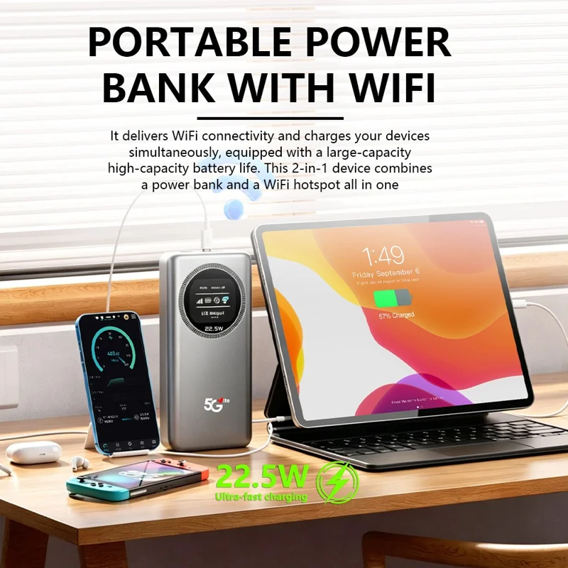 M19-E 5G LTE Portable Dual-Band WiFi 6 Wireless Router 22.5W Fast Charging with OLED Display and Power Bank Function, Eurasian Version