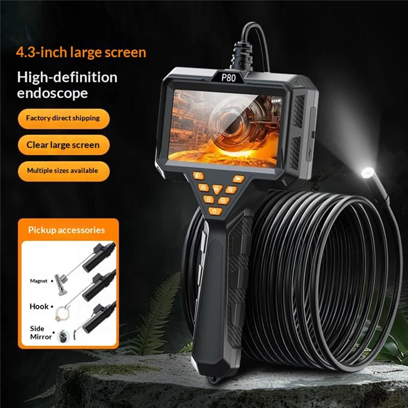 P80  4.3 inch Industrial Endoscope with 3m Wire, 1200mAh IP67 Waterproof Single-Lens Borescope - Black