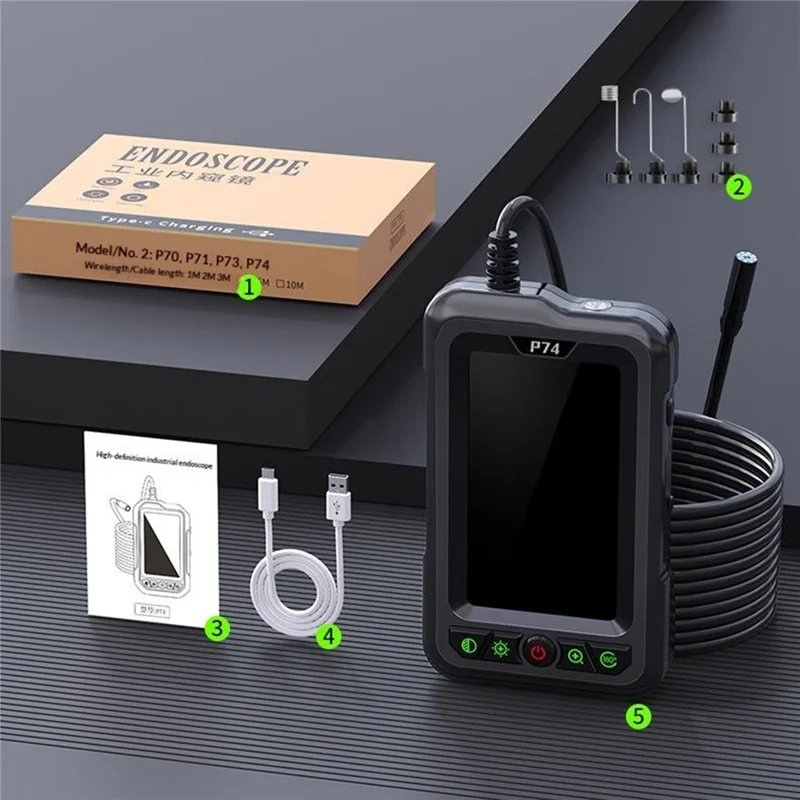 P74 4.3 inch IPS Industrial Endoscope with 5m Wire, 5000mAh IP67 Waterproof Endoscope - Black