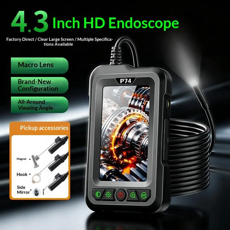 P74 4.3 inch IPS Industrial Endoscope with 5m Wire, 5000mAh IP67 Waterproof Endoscope - Black