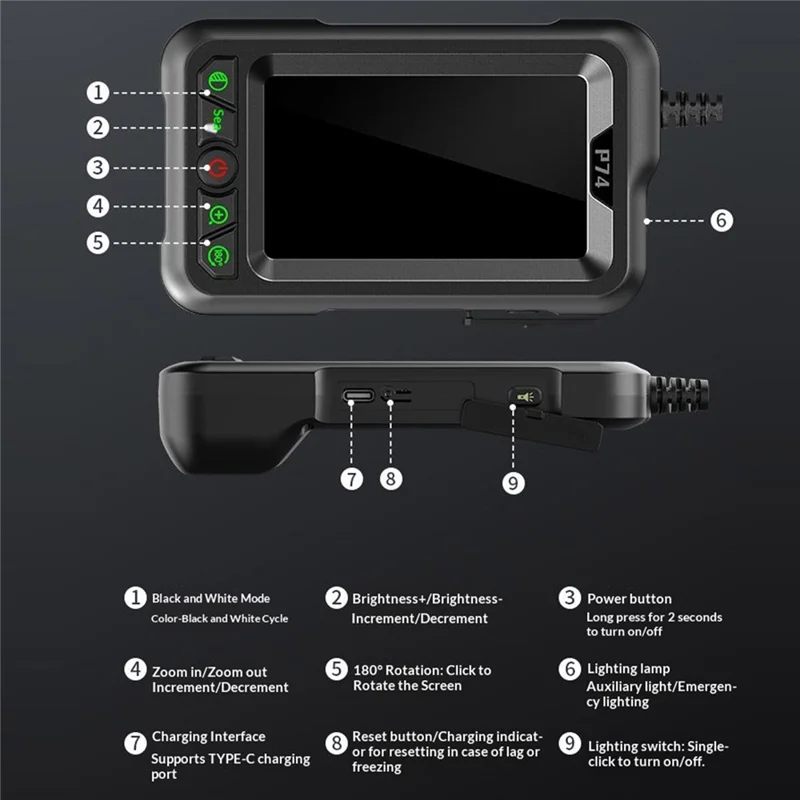 P74 4.3 inch IPS Industrial Endoscope with 5m Wire, 5000mAh IP67 Waterproof Endoscope - Black