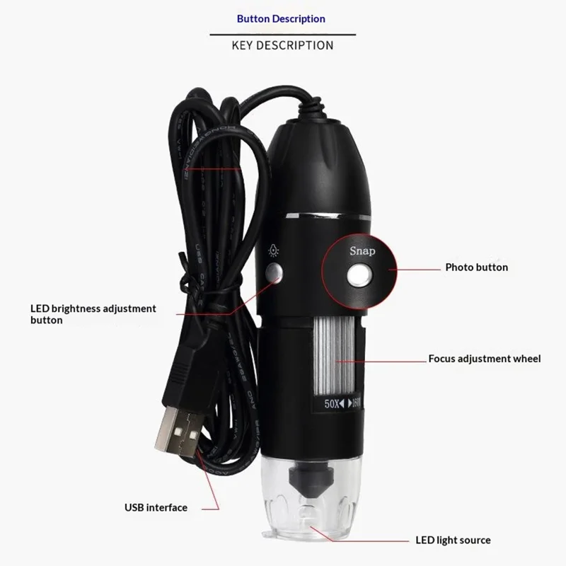 Microscopio digital de 1/6,5 pulgadas con sensor CMOS a color, luz LED 8, USB 2.0, microscopio portátil con soporte universal - Negro