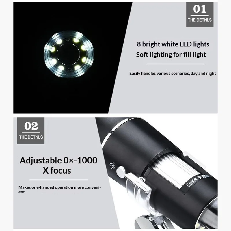 Microscopio digital de 1/6,5 pulgadas con sensor CMOS a color, luz LED 8, USB 2.0, microscopio portátil con soporte universal - Negro