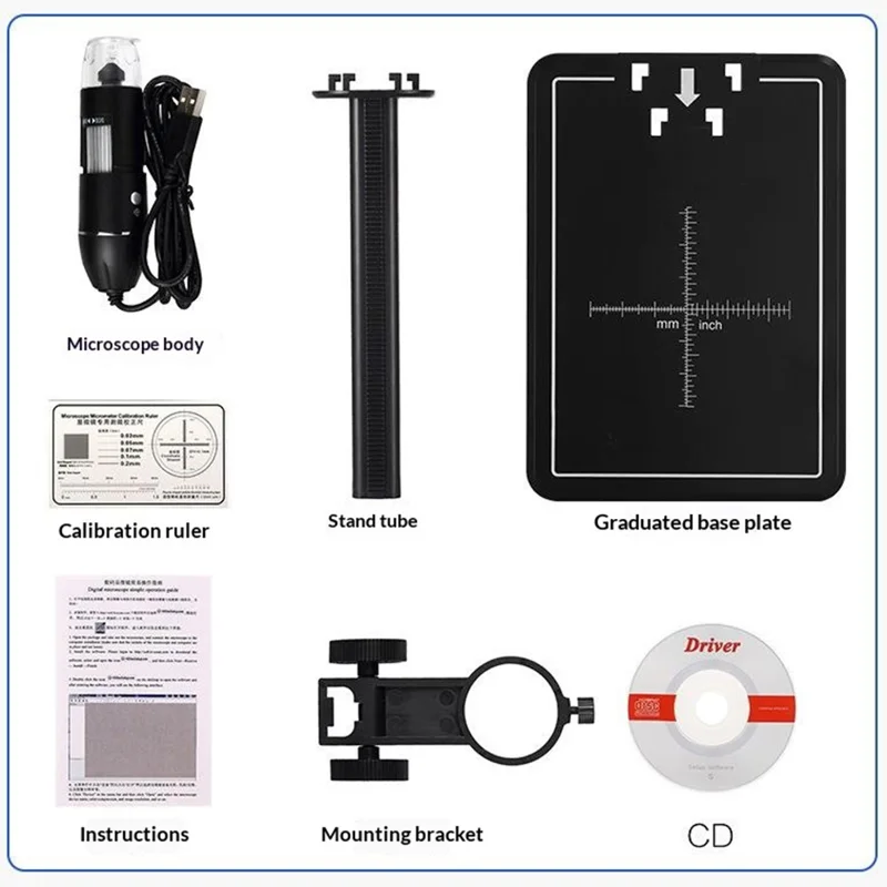 Microscopio digital de 1/6,5 pulgadas con sensor CMOS a color, luz LED 8, USB 2.0, microscopio portátil con soporte universal - Negro