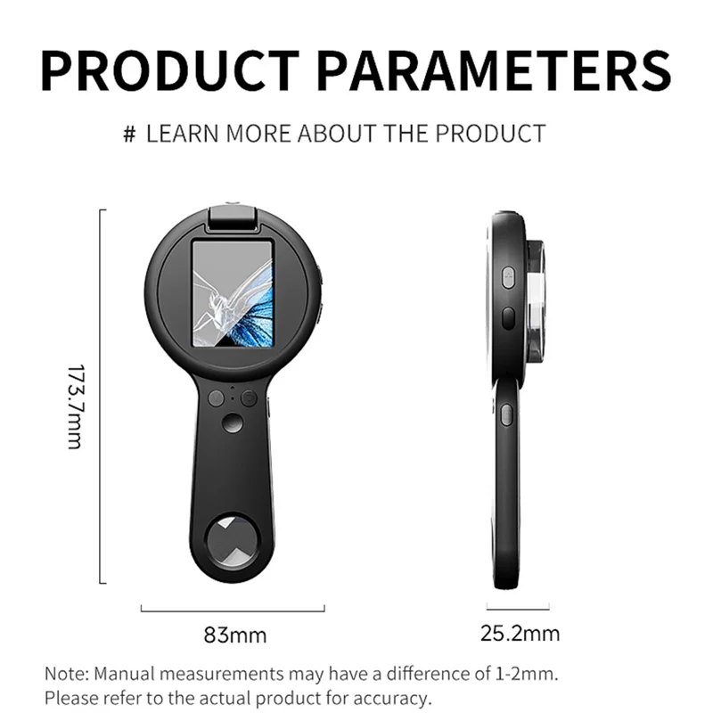 V5 Digital Microscope 500x Magnification 2.4 Inch IPS Screen 16 LED Lights 12MP Dual Rotatable Lens Handheld Magnifier - Black