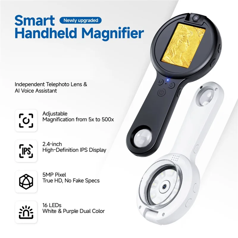 V5 Digital Microscope 500x Magnification 2.4 Inch IPS Screen 16 LED Lights 12MP Dual Rotatable Lens Handheld Magnifier - Black