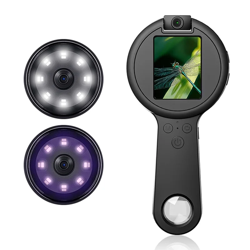 V5 Digital Microscope 500x Magnification 2.4 Inch IPS Screen 16 LED Lights 12MP Dual Rotatable Lens Handheld Magnifier - Black