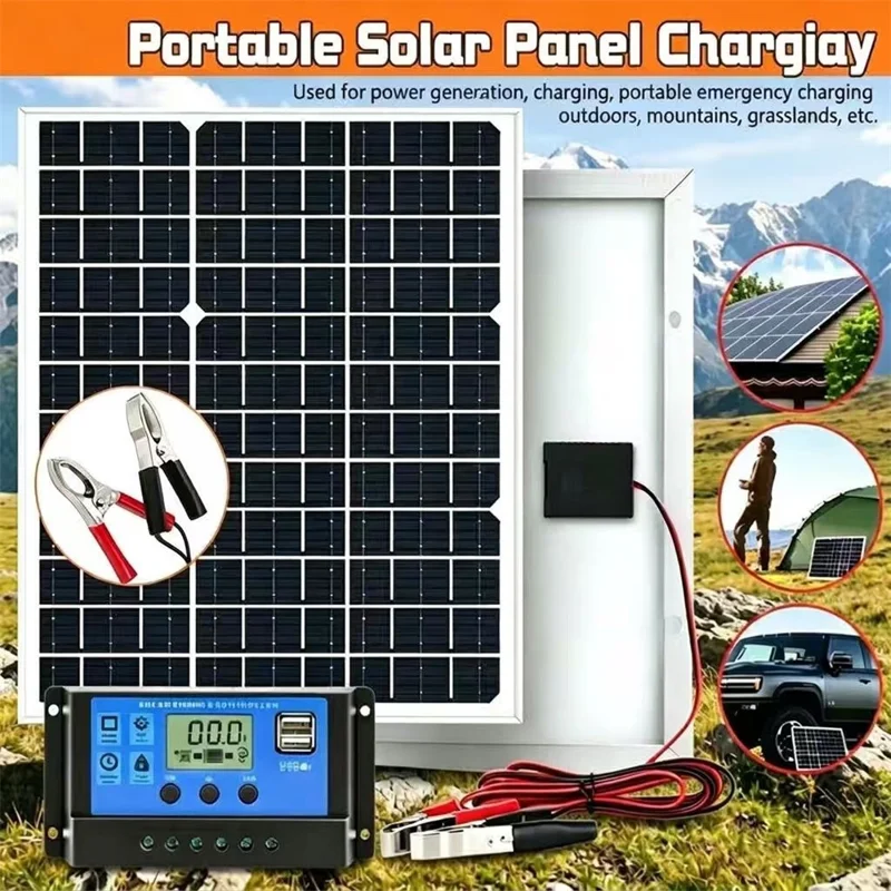 20 W 18 V Przenośny Monokrystaliczny Panel Słoneczny z Ramą Aluminium, Kontrolerem i Kablem z Krokodylkami do Ładowania Baterii 12 V – Kontroler 10 A
