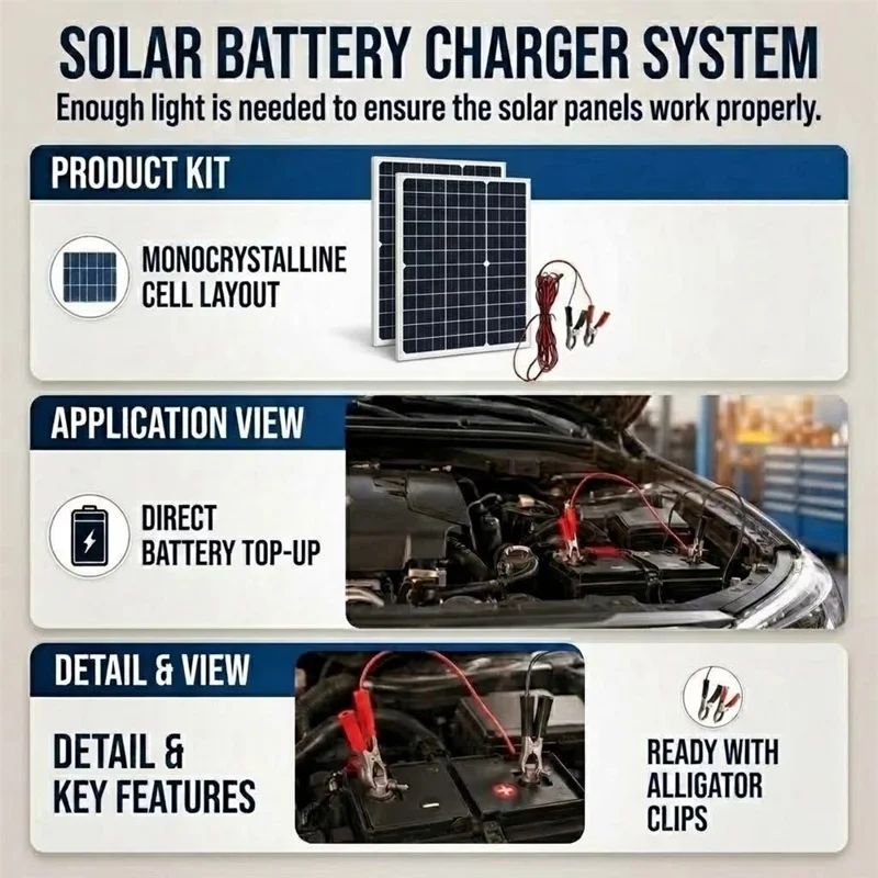 20 W 18 V Przenośny Monokrystaliczny Panel Słoneczny z Ramą Aluminium, Kontrolerem i Kablem z Krokodylkami do Ładowania Baterii 12 V – Kontroler 10 A