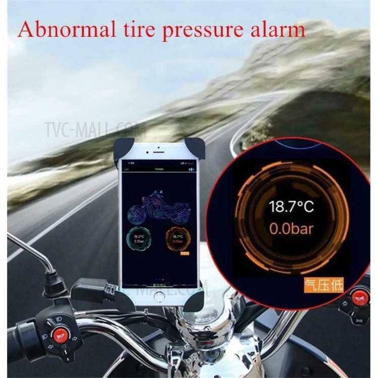Sistema de monitoramento de pressão dos pneus da motocicleta via Bluetooth, com aplicativo de exibição e detector de pressão dos pneus externos