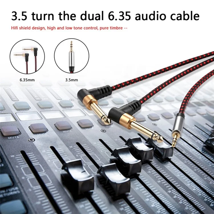 1m JY-01 3.5mm Male to Dual 90 Degree 6.35mm Male Right Angle Y Cable AUX Splitter Audio Cord for Speaker Amplifier Mixer