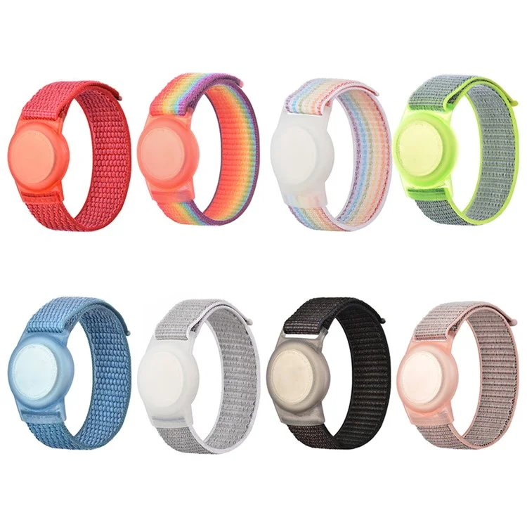 Watch Band Design Anti-Lost TPU Protective Case Cover Loop Fastener Nylon Bracelet Strap for Apple AirTag Tracker - Powder Sand/L