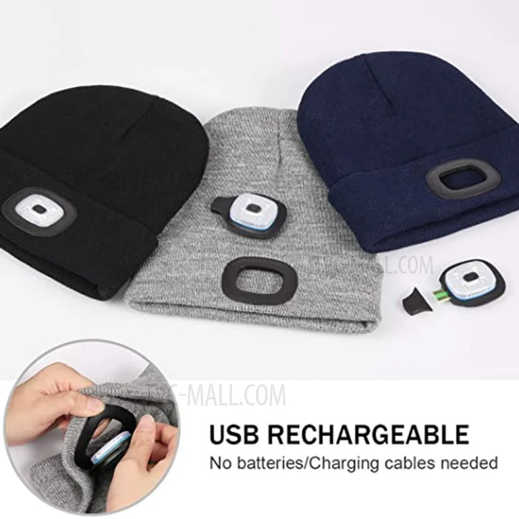 Unisex Outdoor USB Rechargeable 4 LED Warm Cap Winter Knitted Beanie Hat for Hiking Fishing Cycling - Black