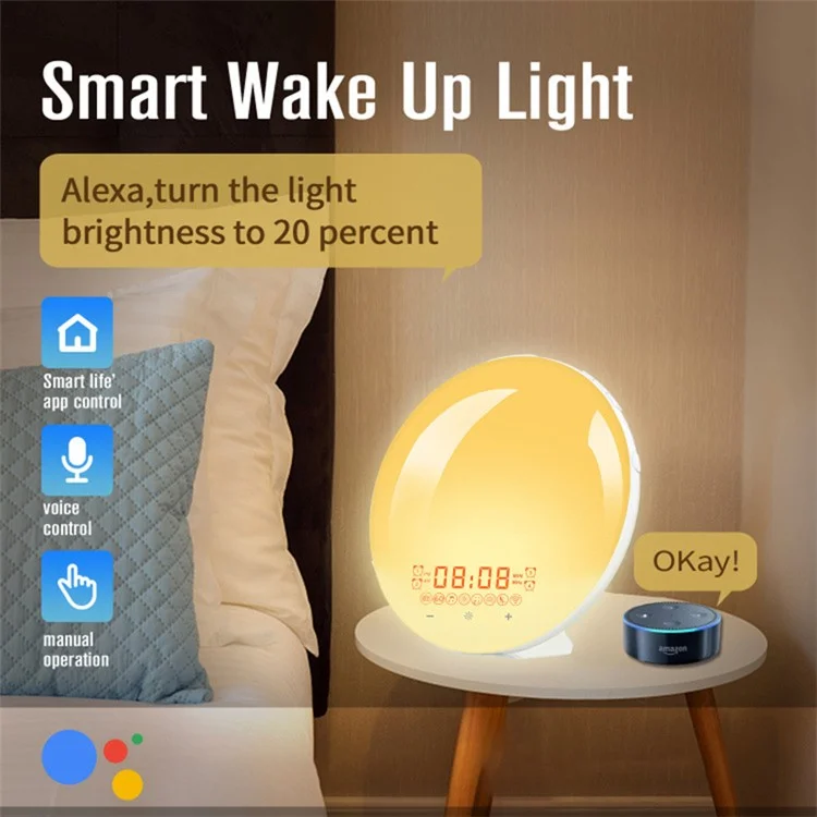 SH-01S WiFi Smart APP Wake-up Light Alarm Clock Voice Multi-function Sleep Colorful Night Light Supports Alexa/Google Home - Japanese Plug