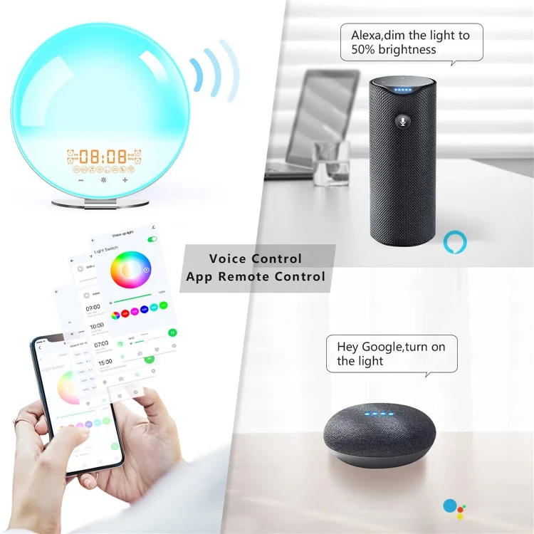 SH-02S Sunrise Sunset Simulation Smart WiFi Wake Up Light App Voice Control Alarm Clock FM Radio Bedside Lamp - US Plug