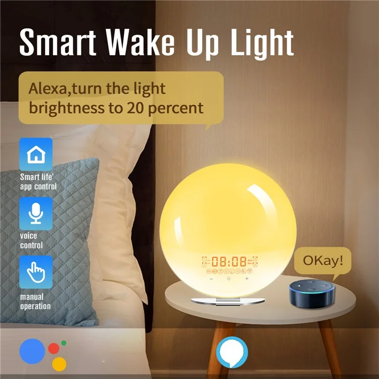 SH-02S Sunrise Sunset Simulation Smart WiFi Wake Up Light App Voice Control Alarm Clock FM Radio Bedside Lamp - US Plug