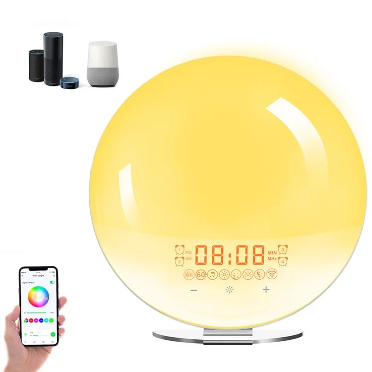 SH-02S Lampe de réveil intelligente avec simulation de lever/coucher de soleil, commande vocale WiFi, radio FM, lampe de chevet - Prise UK