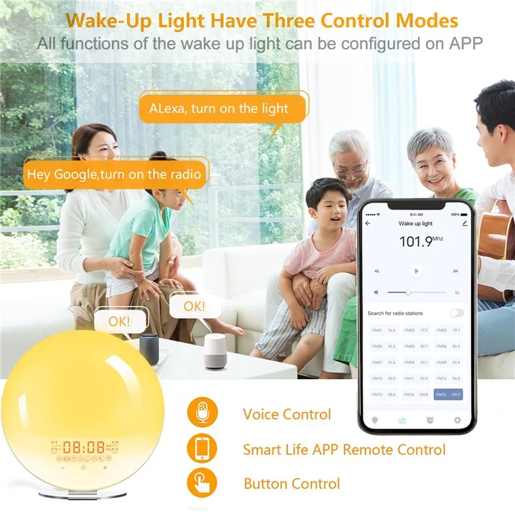 SH-02S Lampe de réveil intelligente avec simulation de lever/coucher de soleil, commande vocale WiFi, radio FM, lampe de chevet - Prise UK