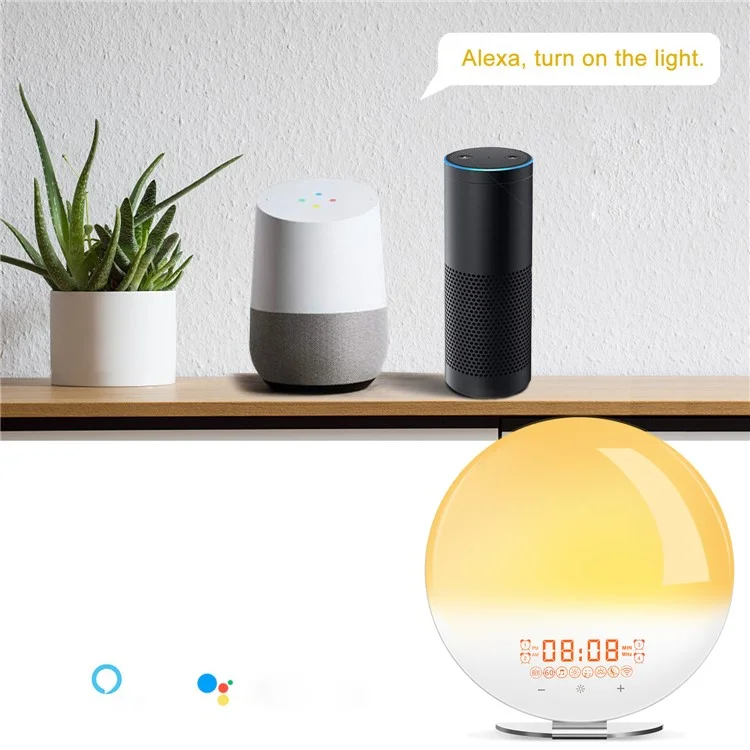 SH-02S Lampe de réveil intelligente avec simulation de lever/coucher de soleil, commande vocale WiFi, radio FM, lampe de chevet - Prise UK