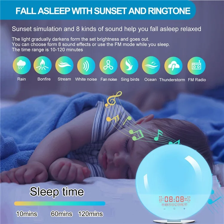 SH-02S Lampe de réveil intelligente avec simulation de lever/coucher de soleil, commande vocale WiFi, radio FM, lampe de chevet - Prise UK
