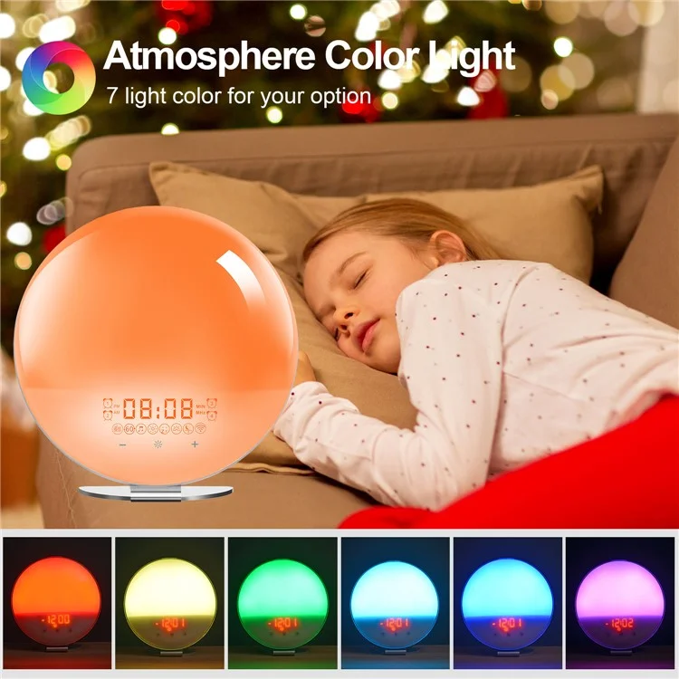 SH-02S Lampe de réveil intelligente avec simulation de lever/coucher de soleil, commande vocale WiFi, radio FM, lampe de chevet - Prise UK