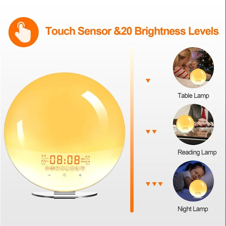 SH-02S Lampe de réveil intelligente avec simulation de lever/coucher de soleil, commande vocale WiFi, radio FM, lampe de chevet - Prise UK
