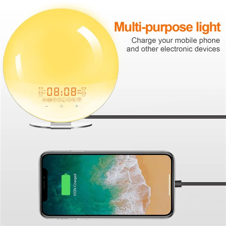 SH-02S Lampe de réveil intelligente avec simulation de lever/coucher de soleil, commande vocale WiFi, radio FM, lampe de chevet - Prise UK