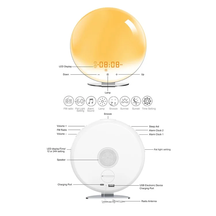 SH-02S Lampe de réveil intelligente avec simulation de lever/coucher de soleil, commande vocale WiFi, radio FM, lampe de chevet - Prise UK