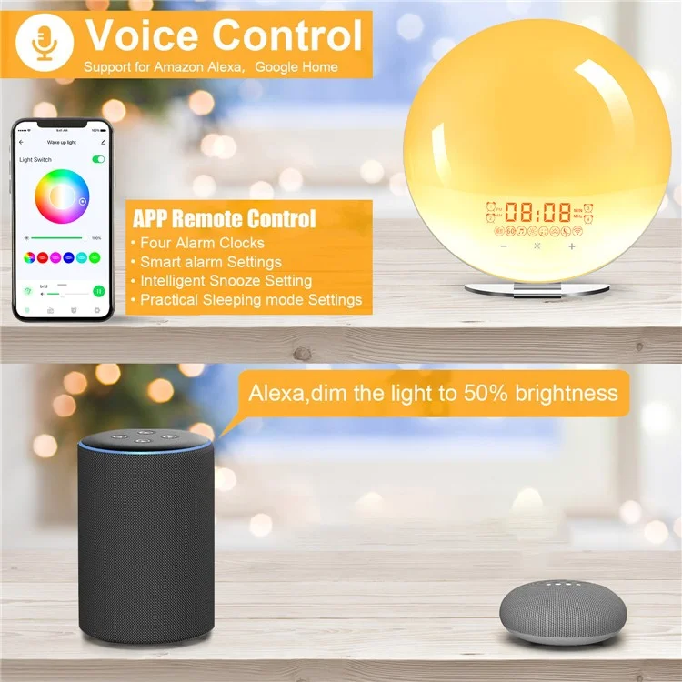 SH-02S Lampe de réveil intelligente avec simulation de lever/coucher de soleil, commande vocale WiFi, radio FM, lampe de chevet - Prise UK