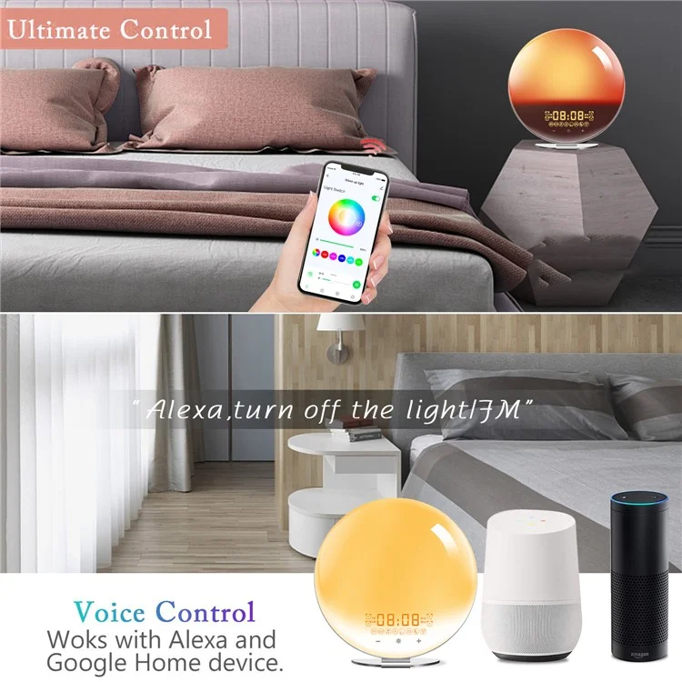 SH-02S Lampe de réveil intelligente avec simulation de lever/coucher de soleil, commande vocale WiFi, radio FM, lampe de chevet - Prise UK