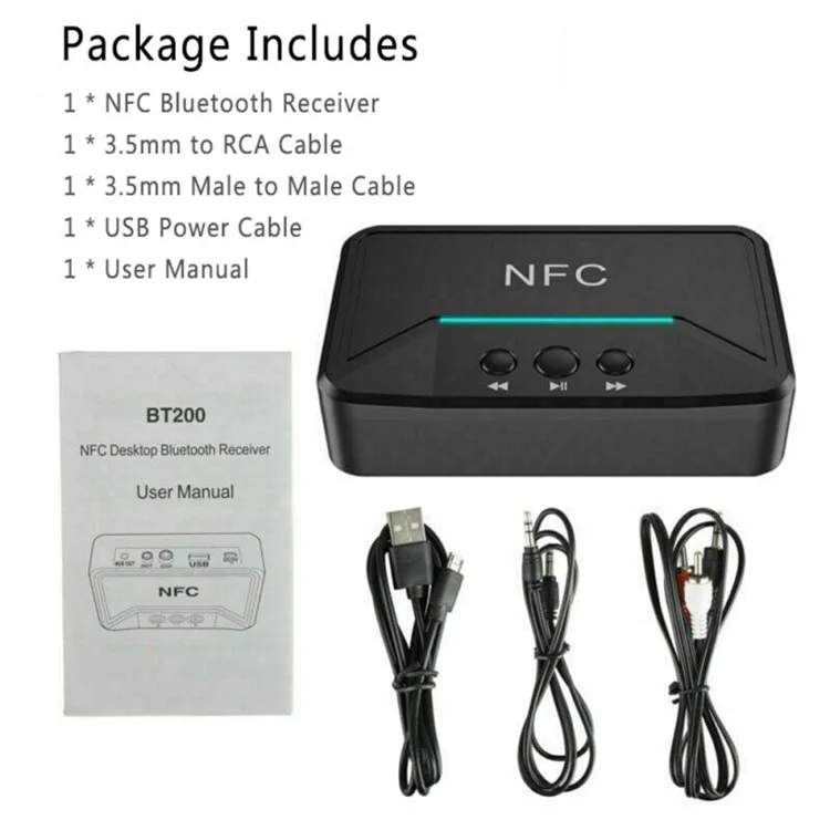 BT200 NFC 5.0 Bluetooth-compatible Receiver A2DP AUX 3.5mm RCA Jack USB Smart Playback Stereo Audio Wireless Adapter for Car Kit Speaker