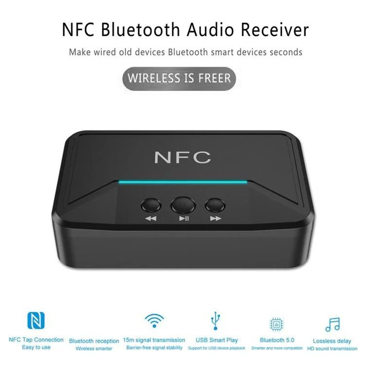 BT200 NFC 5.0 Receptor Bluetooth A2DP AUX 3,5 mm RCA Jack USB Smart Playback Adaptador Sem Fio de Áudio Para Kit de Carro