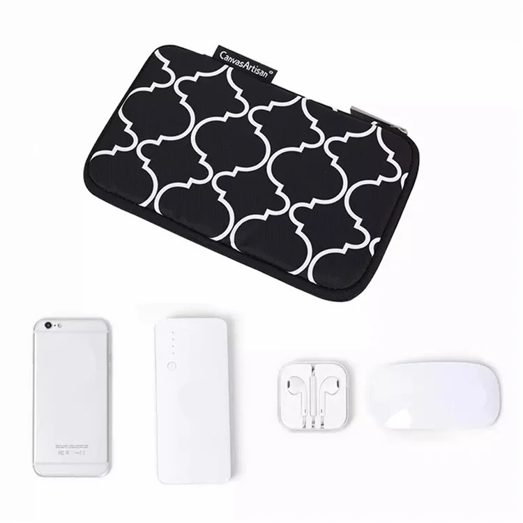 CANVASARTISAN H39-S21 Polyester Grid Texture Printed Electronics Digital Accessories Storage Bag Pouch for USB Data Cable Headphone Charger - Black