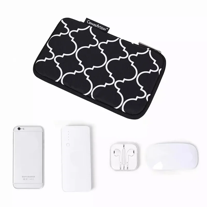 CANVASARTISAN H39-S21 Polyester Grid Texture Printed Electronics Digital Accessories Storage Bag Pouch for USB Data Cable Headphone Charger - Pink